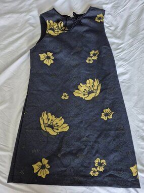 ZARA Basic Navy Yellow Floral Jacquard Shift Dress S – Sleeveless Zip Front